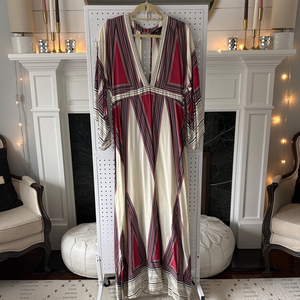 Lulu's Cream Maxi Dress with Burgundy & Black Geometric Stripes